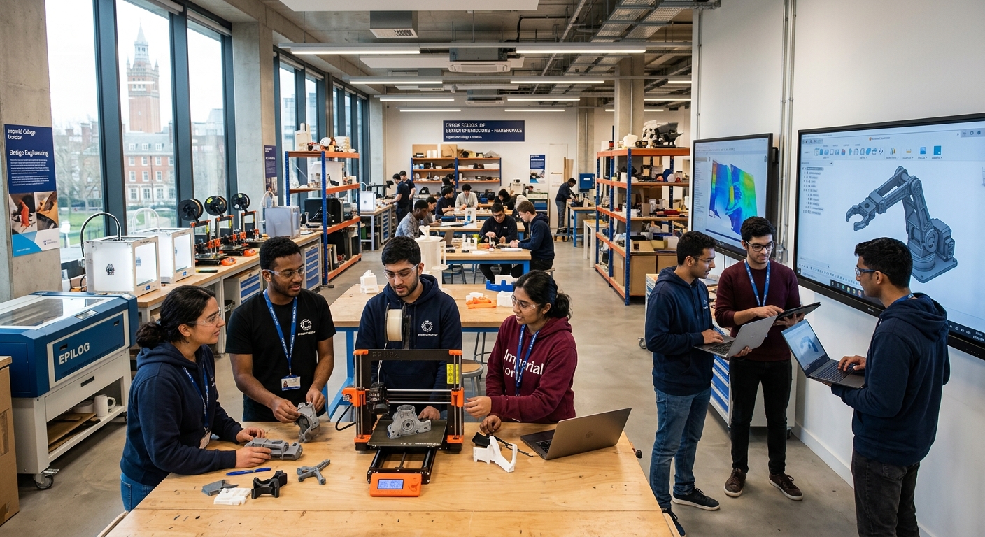 Modern design engineering studio at Imperial College London South Kensington campus, students collaborating on prototypes with 3D printers and digital fabrication tools, bright open workspace with large screens displaying CAD models
