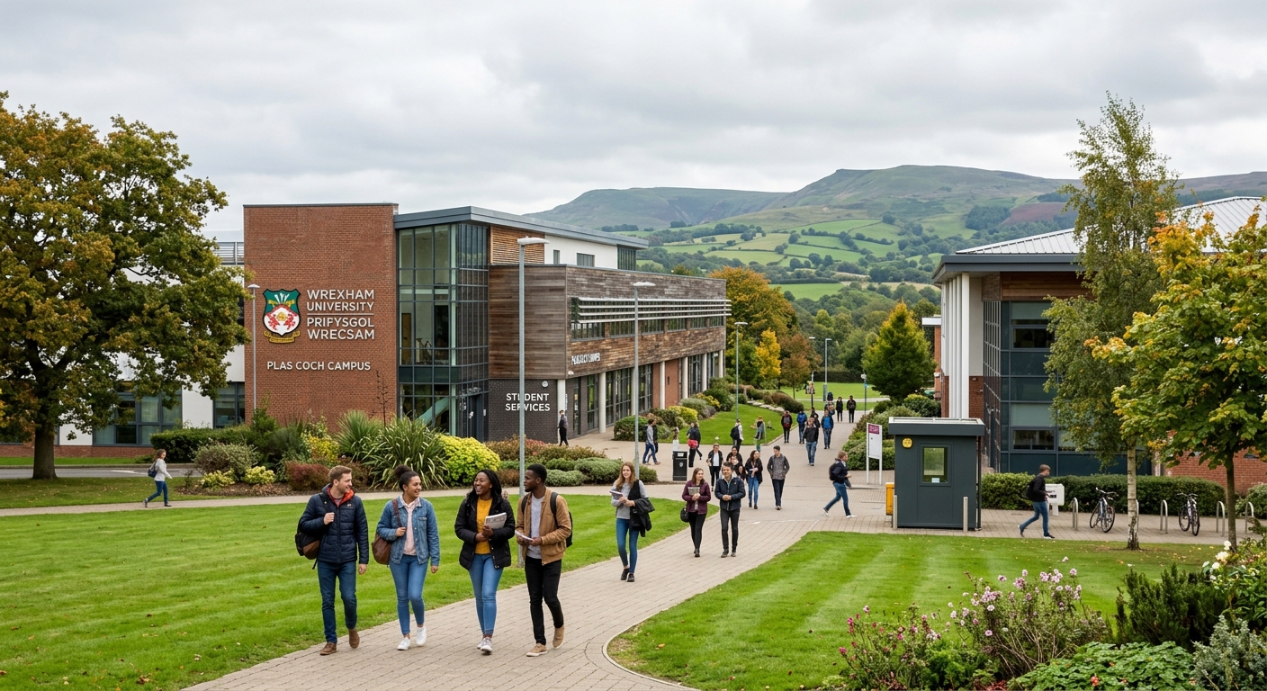 Wrexham University main campus Plas Coch with modern buildings and green spaces, students walking between lecture halls, Welsh countryside visible in background, bright overcast sky typical of North Wales
