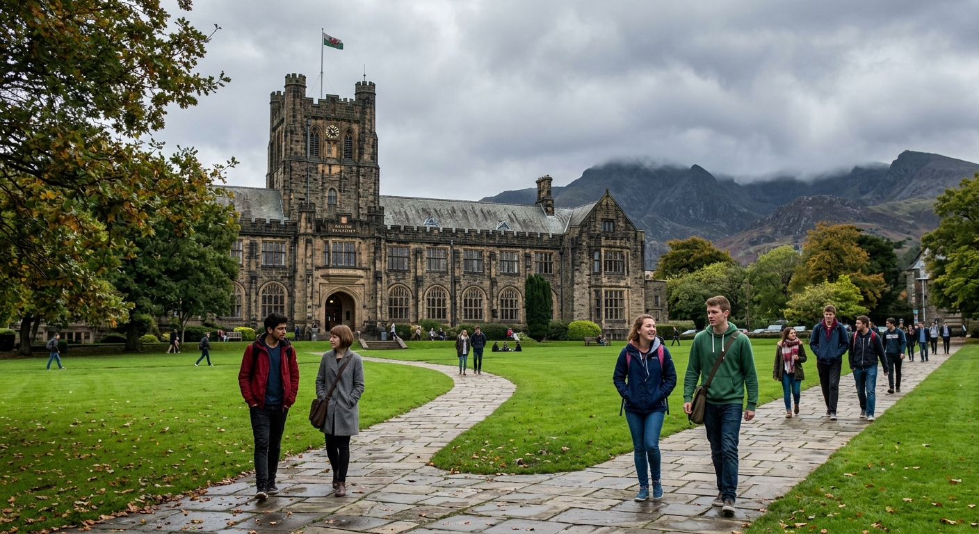 Historic stone university building at Bangor University with green lawns, mountains of Snowdonia visible in the background, students walking along pathways under overcast Welsh sky