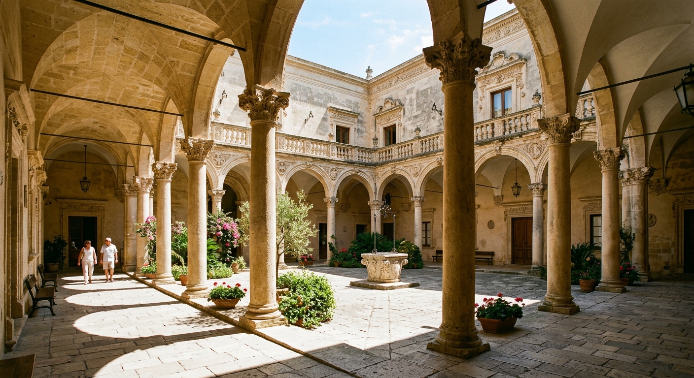 University of Salento Rectorate building historic courtyard with elegant colonnade, Lecce stone architecture, Mediterranean sunlight casting shadows on arched walkways
