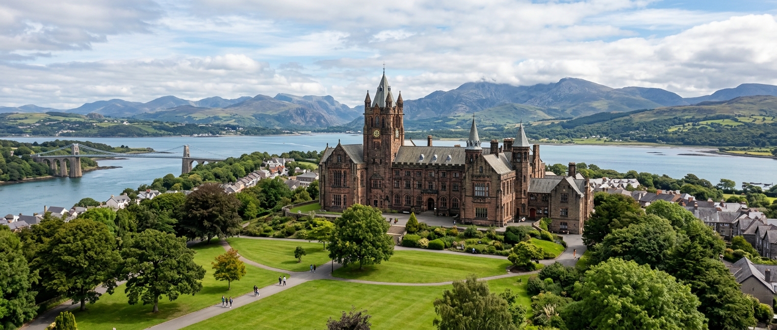 Panoramic view of Bangor University Main Arts building with its grand Edwardian architecture set against the backdrop of Snowdonia mountains and the Menai Strait, lush green lawns in the foreground under a partly cloudy Welsh sky