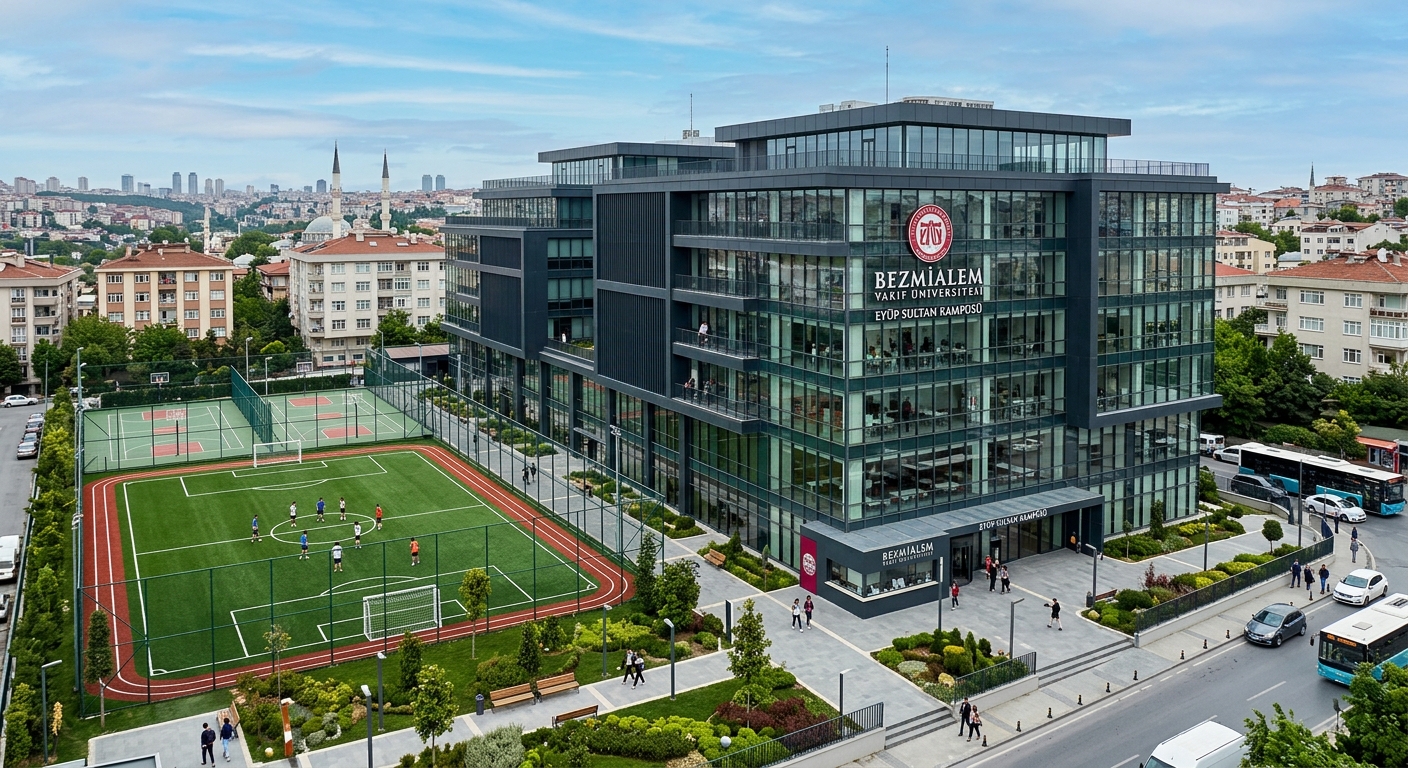Bezmialem Vakıf University Eyüp Sultan Campus, modern multi-story building, glass facade, sports facilities visible, urban Istanbul setting