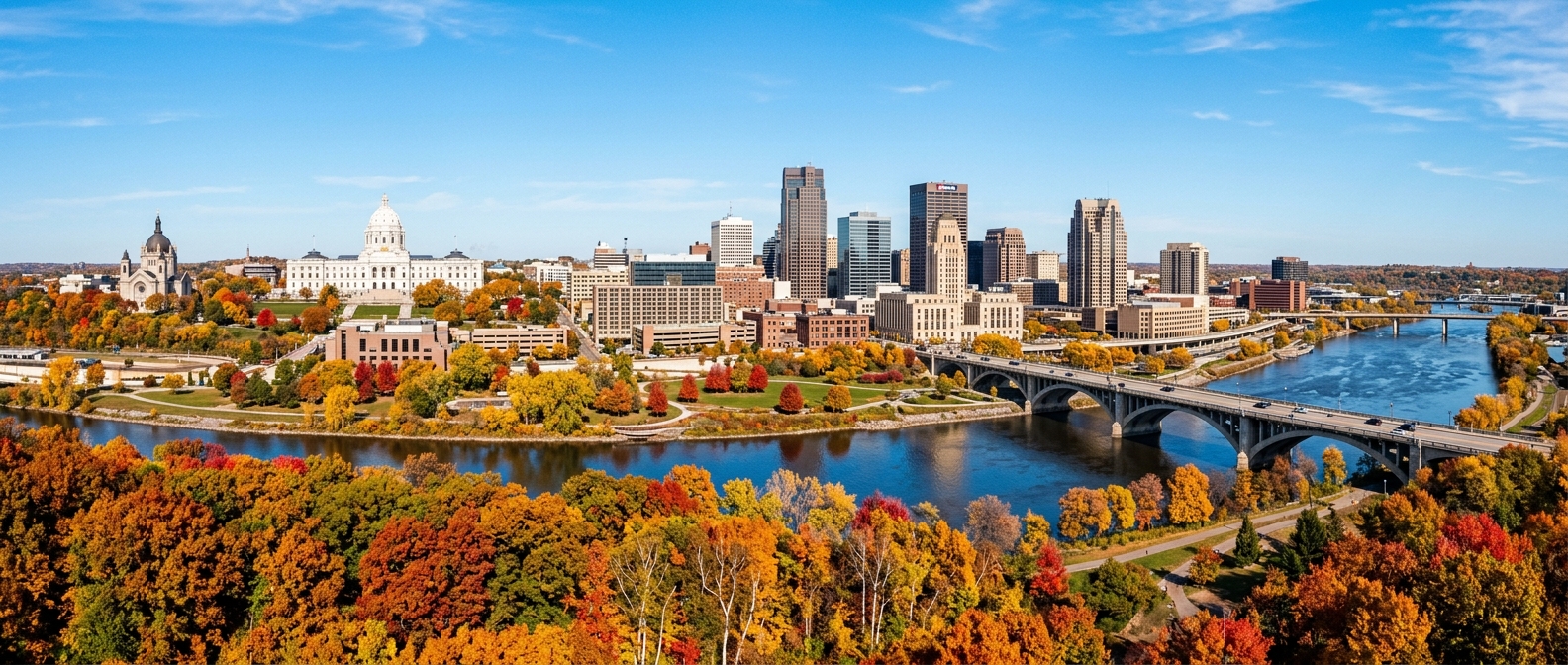 Panoramic view of downtown Saint Paul Minnesota skyline along the Mississippi River, state capitol dome visible, autumn foliage in foreground, clear blue sky