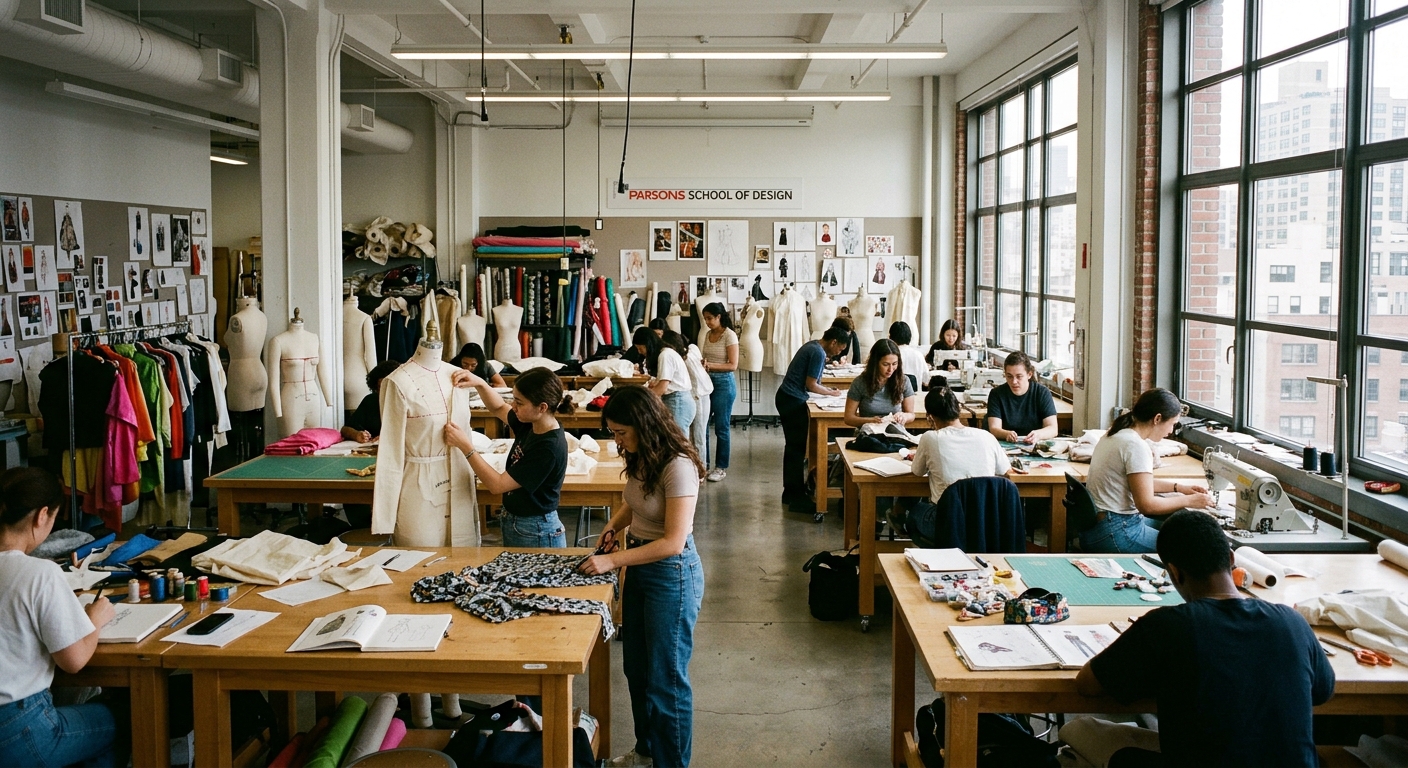 Parsons School of Design studio space with students working on design projects, large worktables, natural light from tall windows, creative materials and mannequins