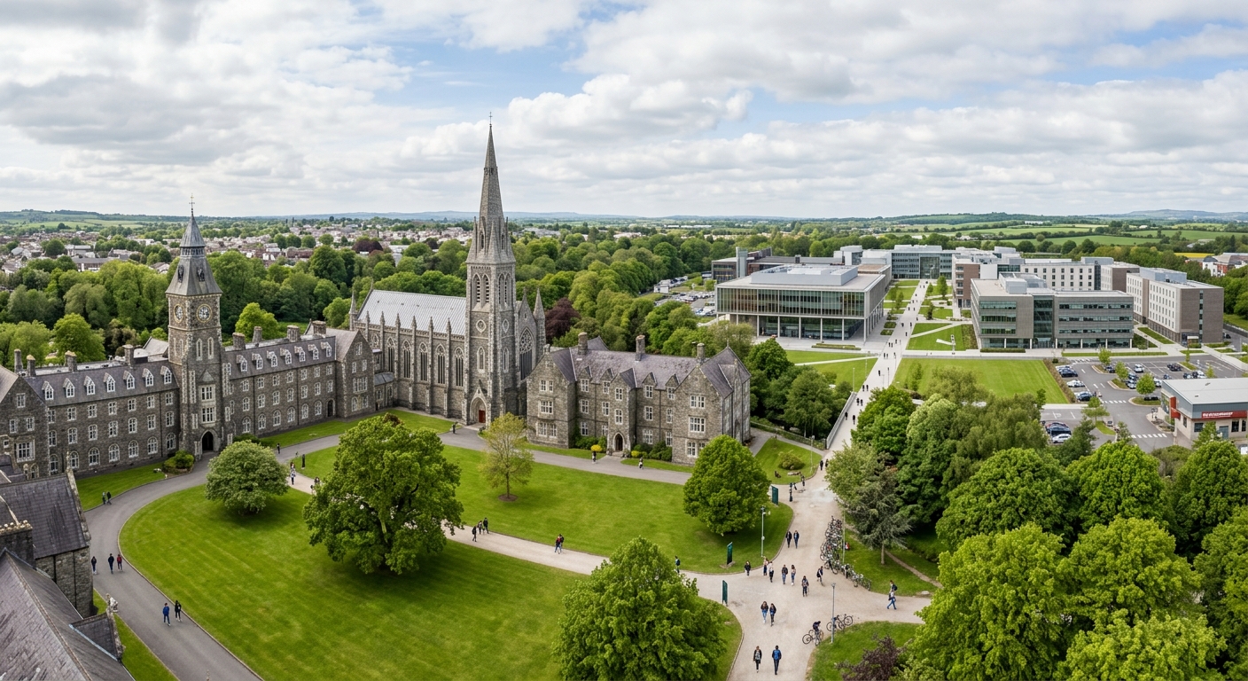 Maynooth University campus wide shot showing historic South Campus with 19th-century stone buildings and chapel alongside modern North Campus buildings, lush green lawns, trees, and pathways under soft Irish light