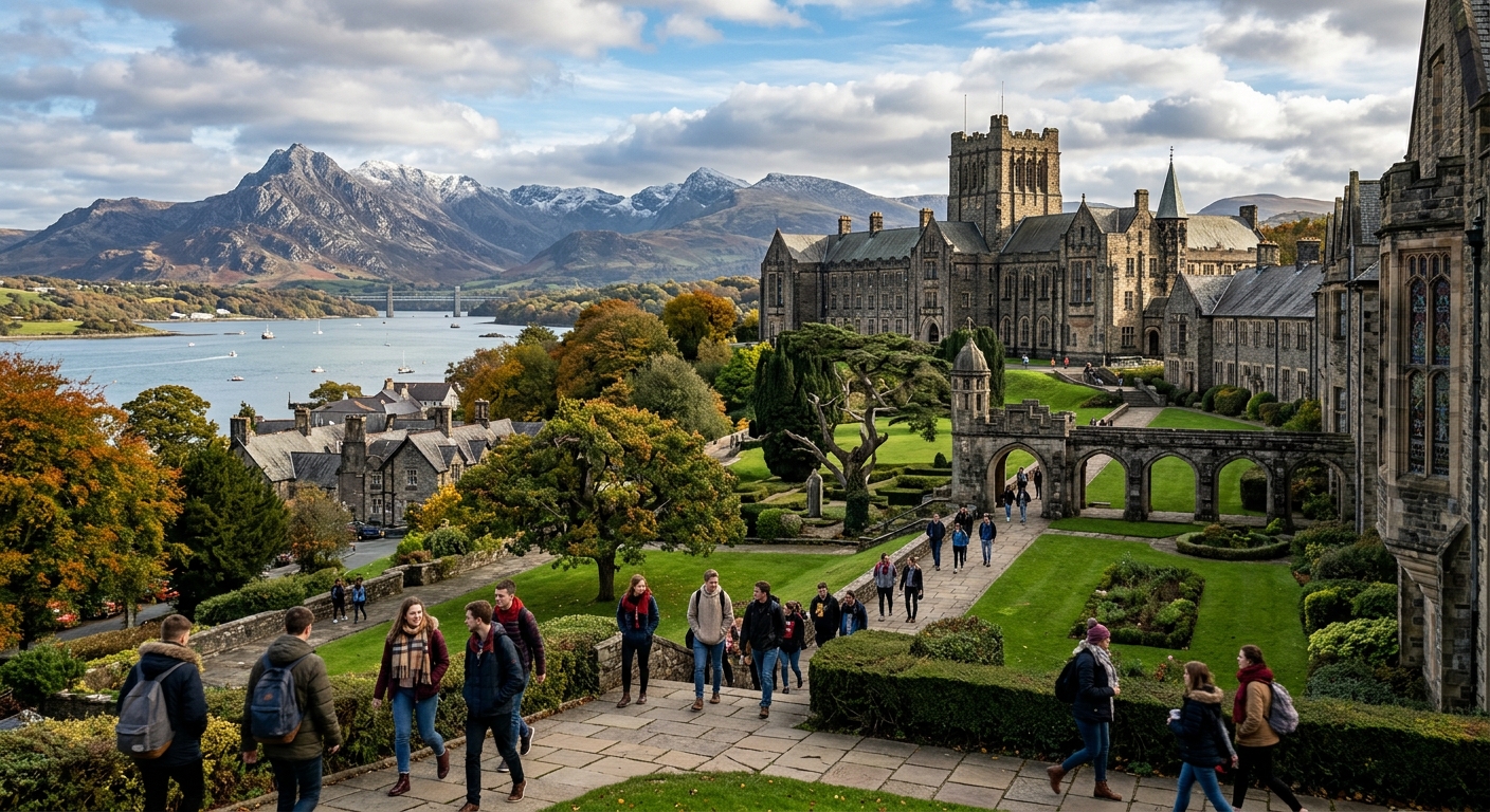 Bangor University campus with historic stone buildings set between Snowdonia mountains and the Menai Strait, students walking through green courtyards, dramatic Welsh landscape in the background