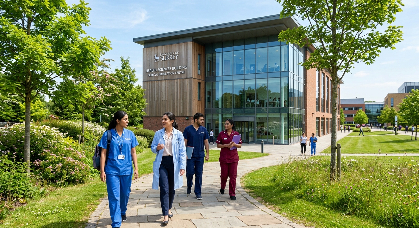 University of Surrey Guildford campus, modern health sciences building with clinical simulation centre, healthcare students in professional attire walking through green campus grounds, bright daylight