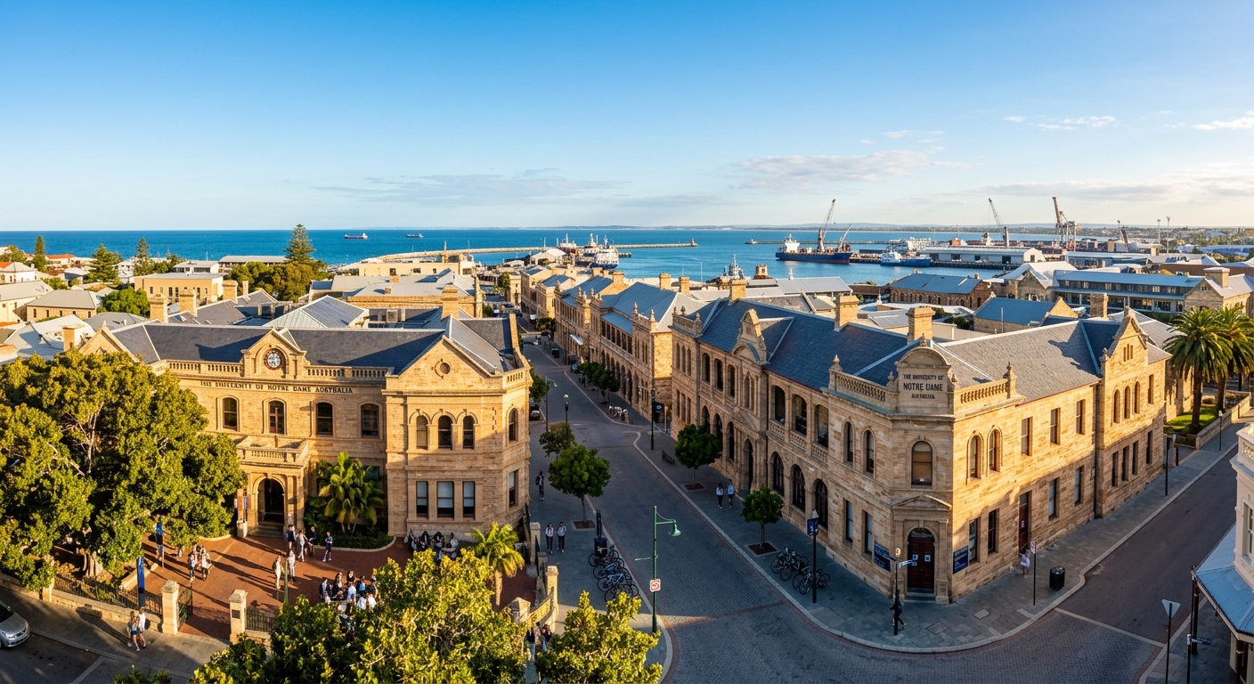 University of Notre Dame Australia Fremantle campus wide shot showing beautifully restored heritage sandstone buildings along historic West End streets, with Fremantle Harbour and the Indian Ocean visible in the background, clear blue sky, warm afternoon light