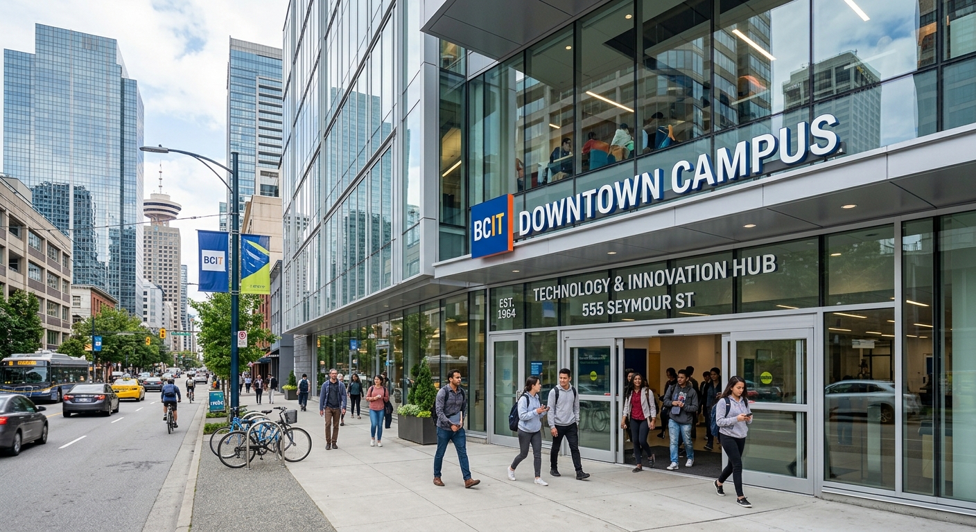BCIT Downtown Vancouver Campus modern glass building on Seymour Street with urban cityscape, tech hub signage, and students entering the building