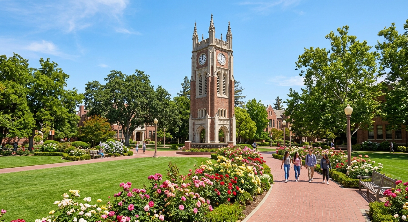 Burns Tower at University of the Pacific surrounded by lush green lawns, rose gardens, and brick pathways on a sunny California day