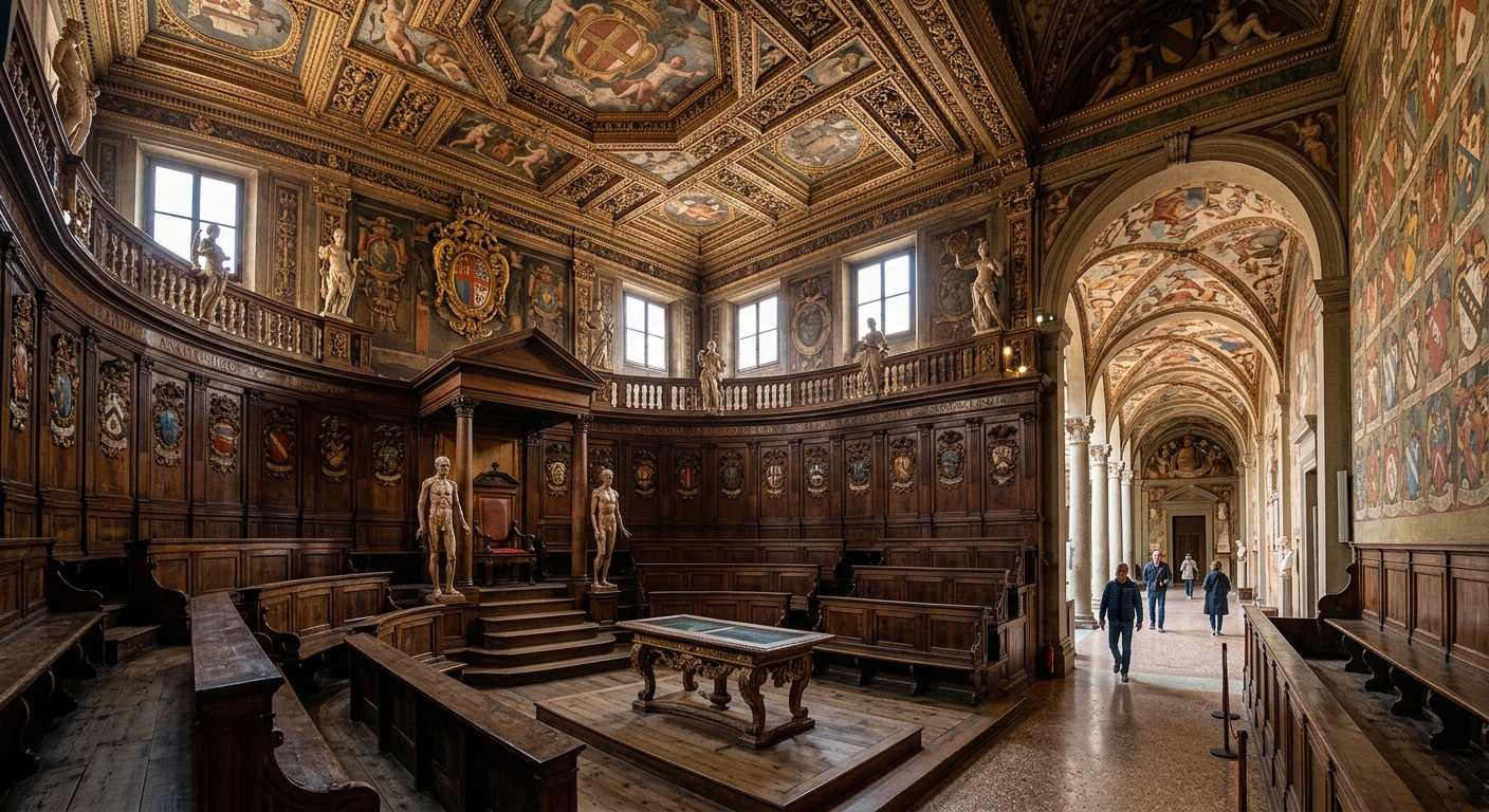 The Archiginnasio of Bologna, an ornate Renaissance building with decorated ceilings, coat-of-arms-covered walls, and the famous Anatomical Theatre with carved wooden statues