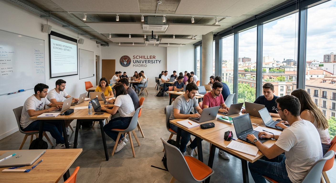 Modern classroom interior at Schiller University Madrid, students working at desks with laptops, large windows, contemporary furniture, bright natural lighting