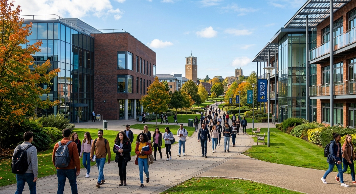 University of Surrey Stag Hill campus main walkway with modern glass and brick academic buildings, students walking between lectures, green landscaping, clear sky