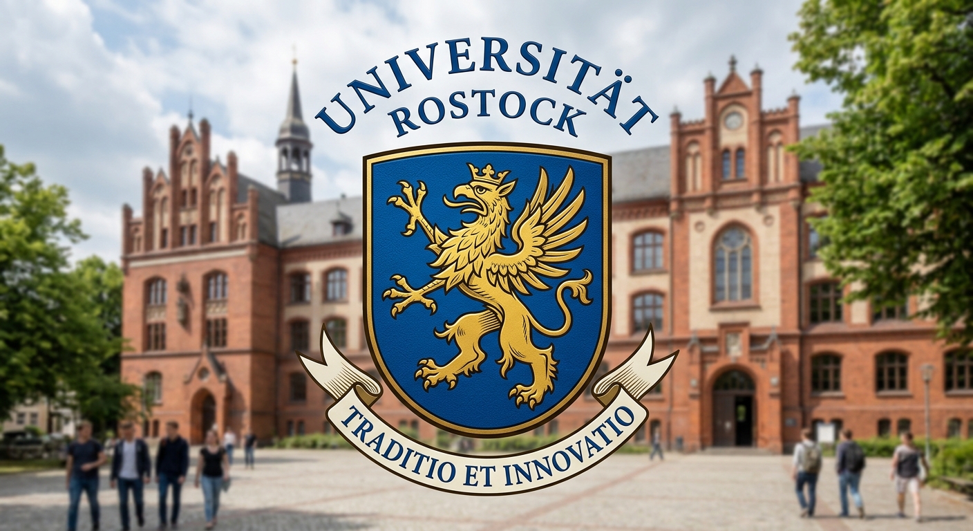 University of Rostock official logo featuring a blue shield with a golden griffin and the Latin motto Traditio et Innovatio