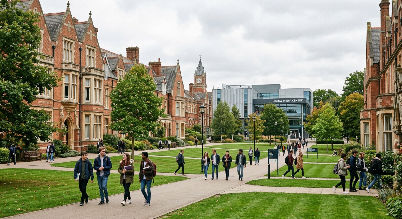 Modern university campus in south-west London with green parkland, students walking between historic college buildings, digital media centre visible in background, bright overcast sky typical of England