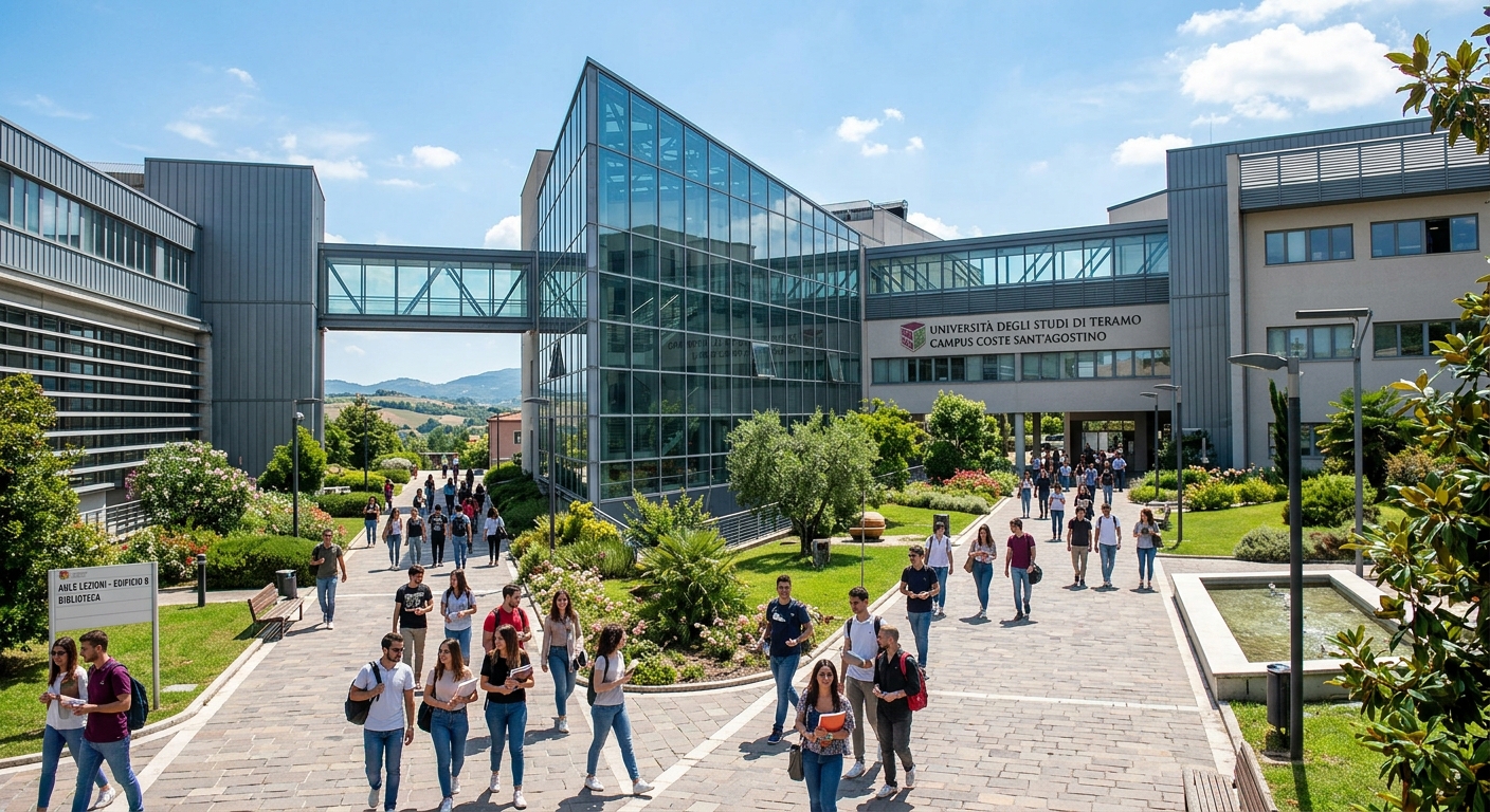 Modern University of Teramo Coste Sant'Agostino campus building exterior with glass facades, landscaped walkways, and students walking between lecture halls on a sunny day
