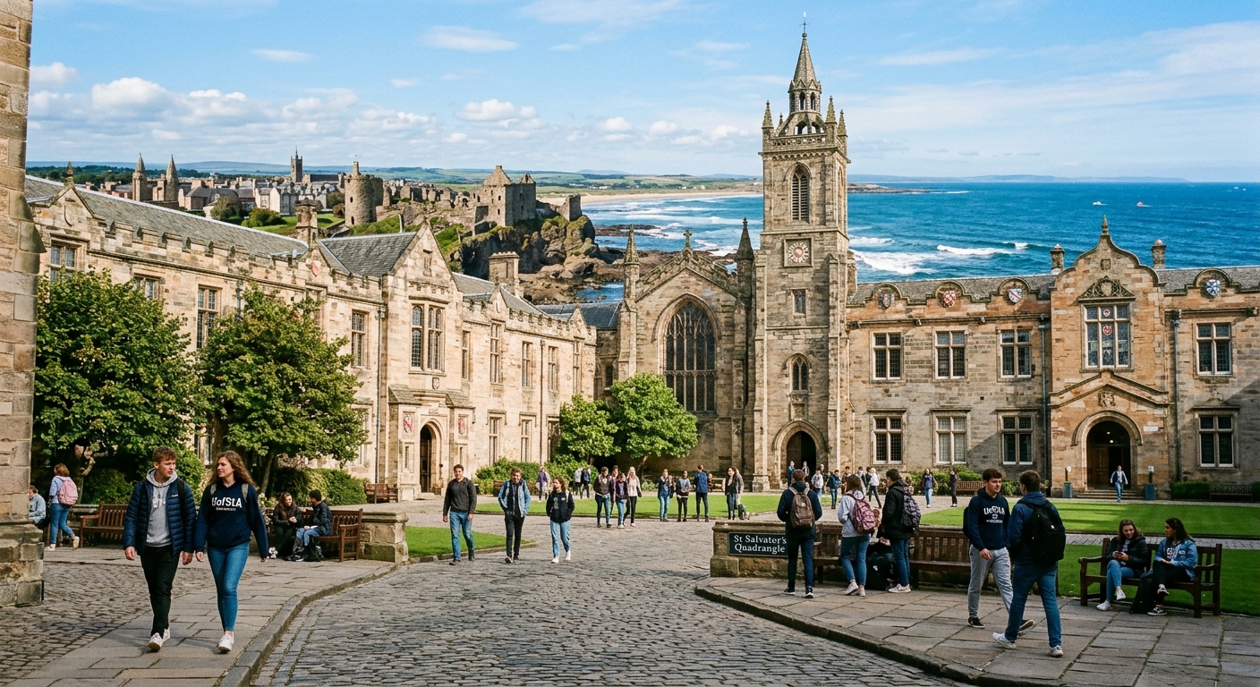 Historic University of St Andrews campus with medieval stone buildings overlooking the North Sea coastline, students walking through the quadrangle on a bright day in Fife, Scotland