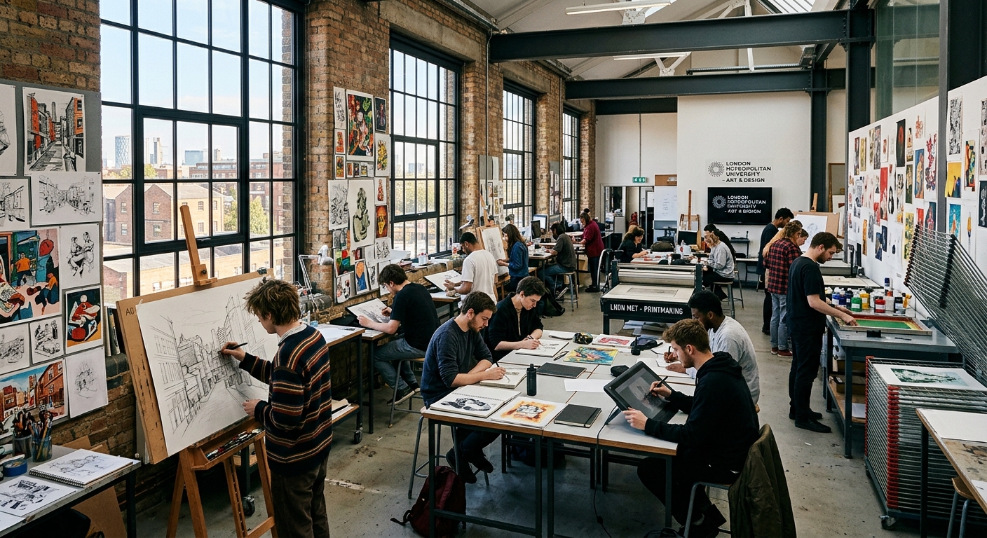 Modern art studio at London Metropolitan University with illustration students working on large-format drawings, digital tablets, and printmaking equipment, natural light streaming through tall windows in an industrial-style creative space in East London