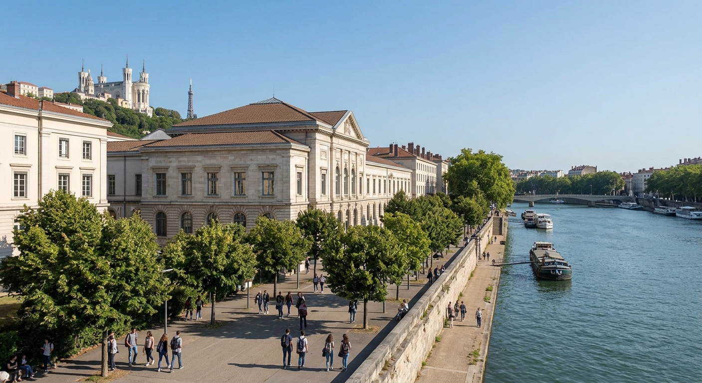 Lumière Lyon 2 University campus along the Rhône river in Lyon, France, with historic architecture, students walking through tree-lined pathways, and the Basilica of Fourvière visible in the background under a clear sky