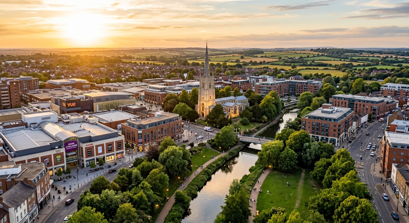 Chelmsford city centre skyline with Chelmsford Cathedral, River Can flowing through green parks, modern shopping centres, Essex countryside in the distance, golden hour lighting