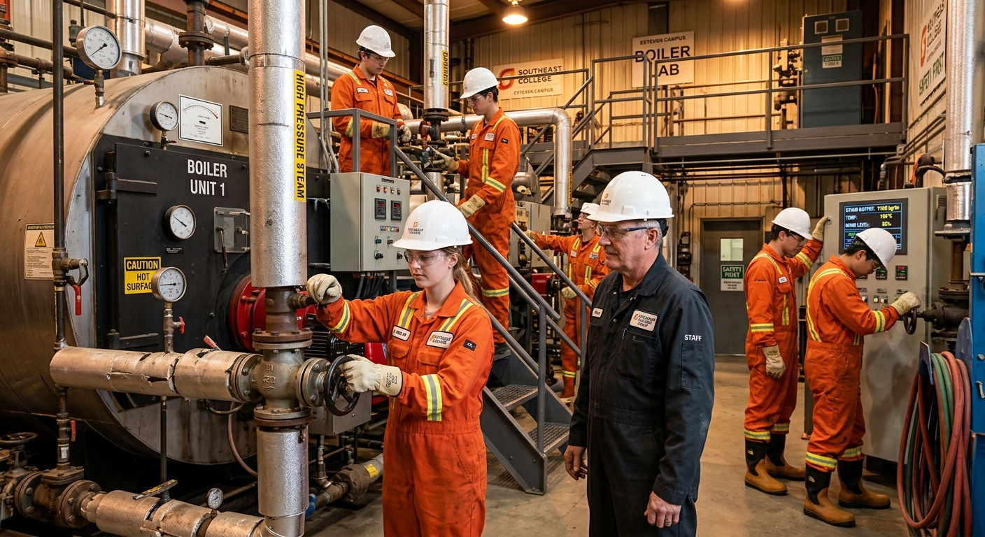 Industrial power plant facility with boilers and steam systems, Southeast College Estevan campus in Saskatchewan Canada, students in safety gear operating boiler equipment in a hands-on training lab