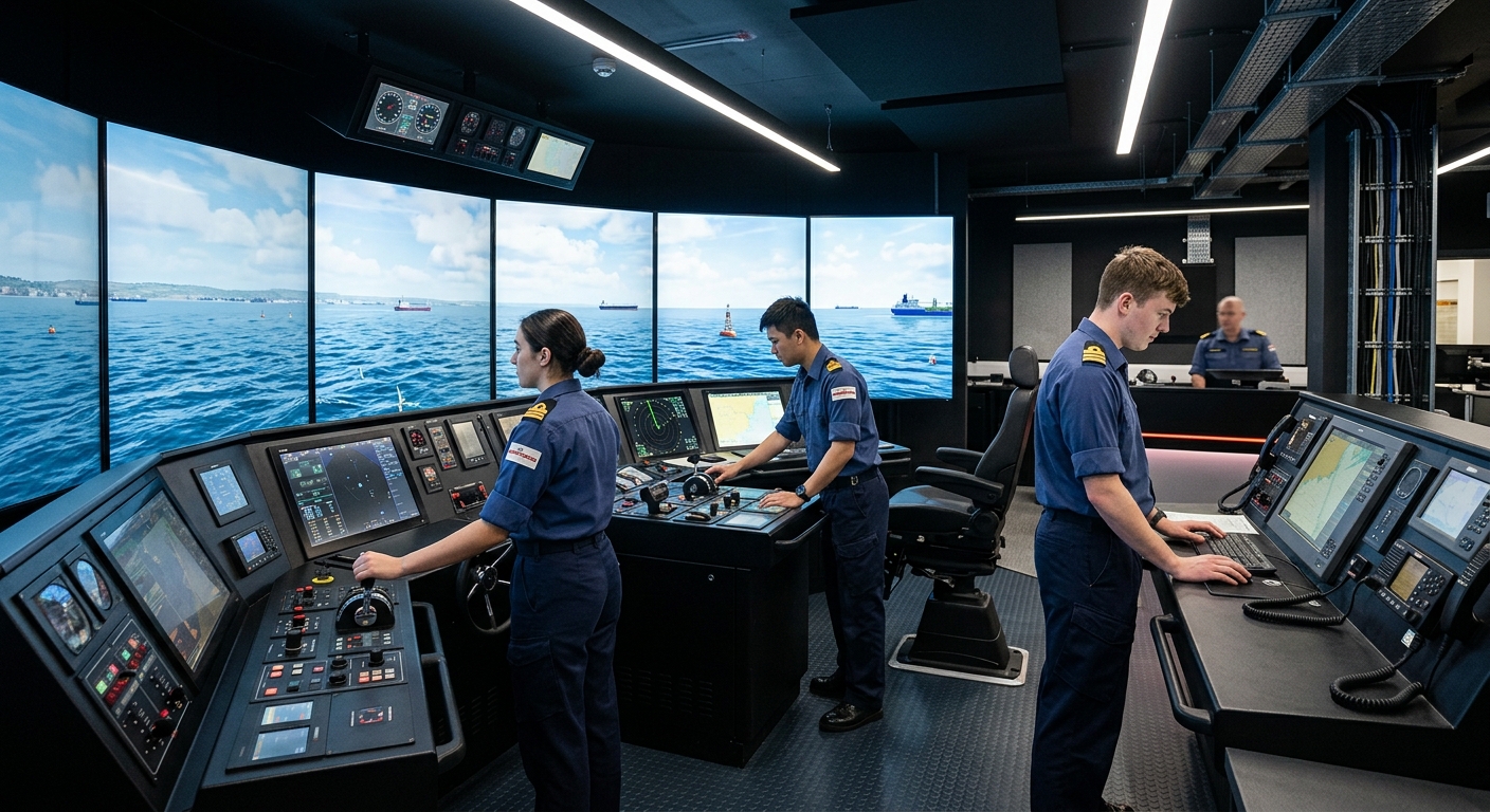Solent University maritime simulation centre interior, large ship bridge simulator screens showing ocean views, maritime cadets in uniform operating controls, high-tech equipment