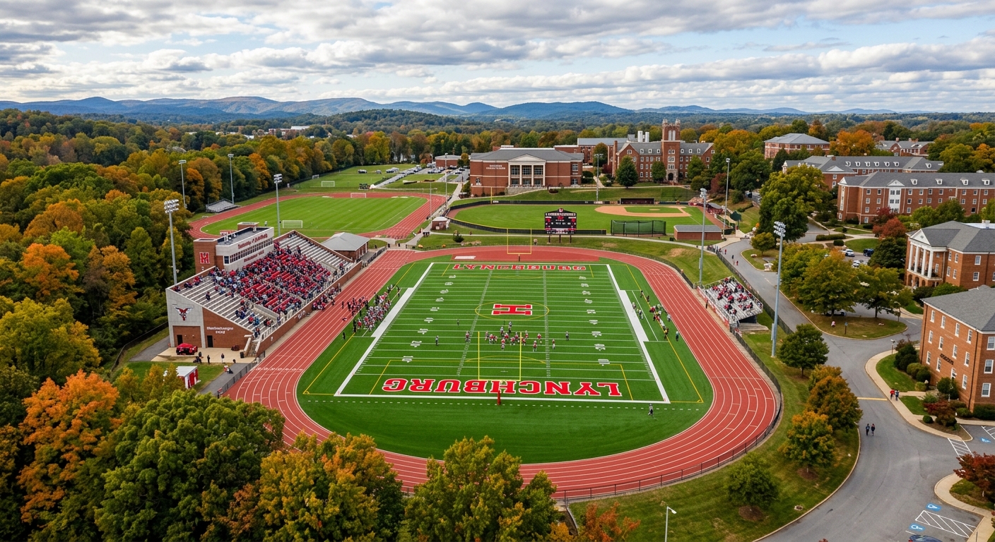 University of Lynchburg athletic fields and stadium with green turf, surrounded by trees and campus buildings under a partly cloudy sky