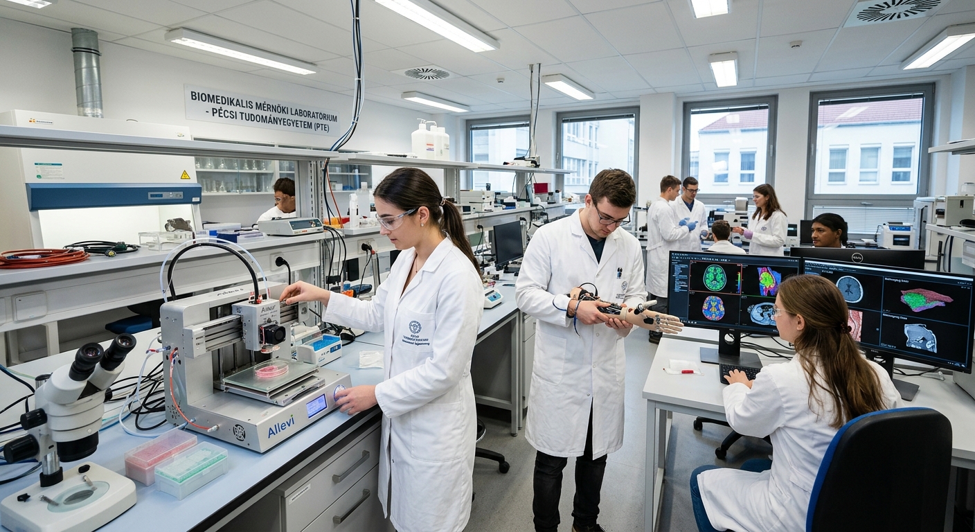 Modern biomedical engineering laboratory at University of Pécs, Hungary, with students working on medical devices, 3D bioprinters, and computer screens displaying medical imaging data, bright clinical lighting