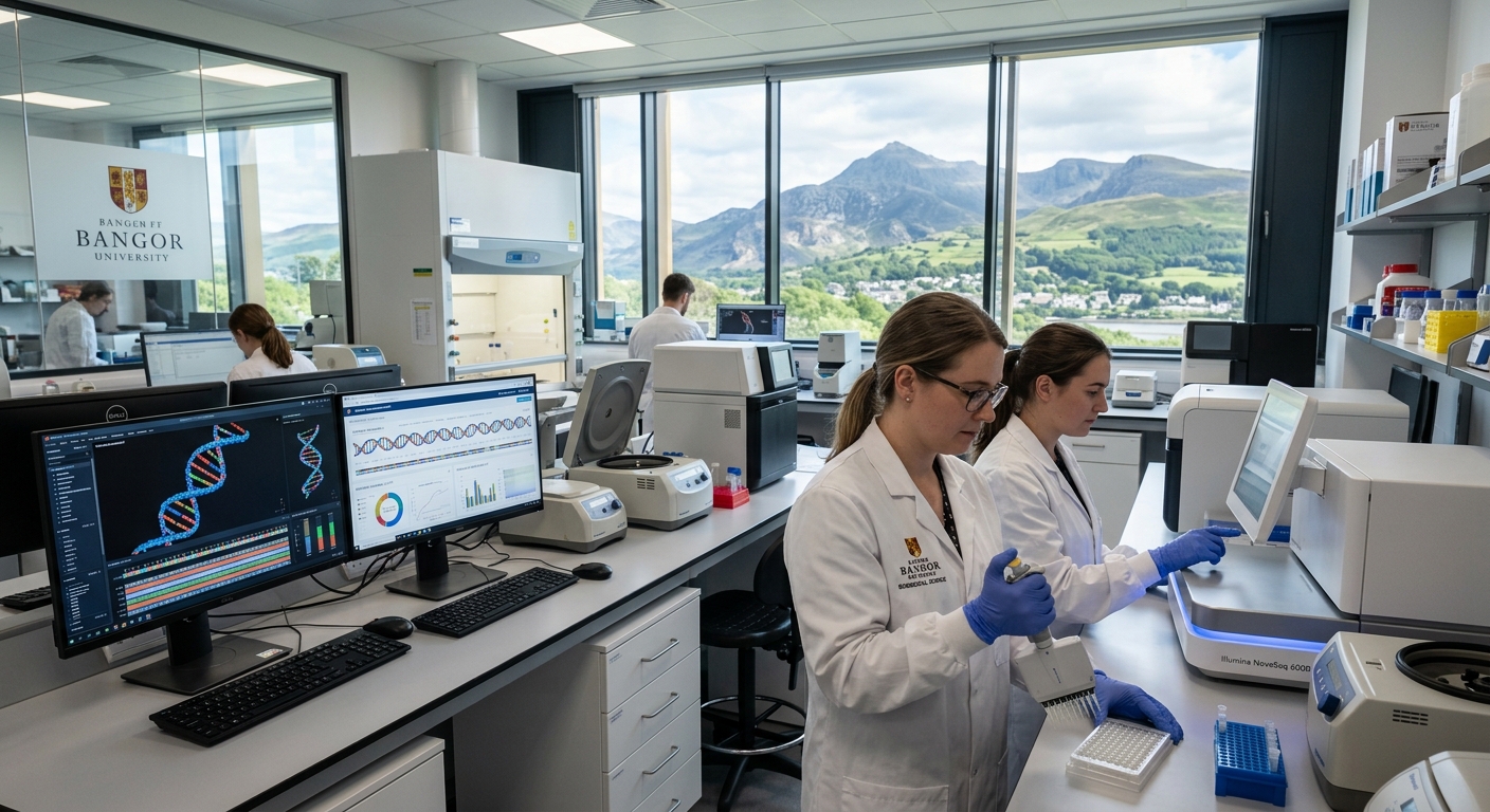Modern biomedical laboratory at Bangor University with researchers using genomic sequencing equipment, DNA helix visualizations on screens, North Wales mountainous landscape visible through large windows