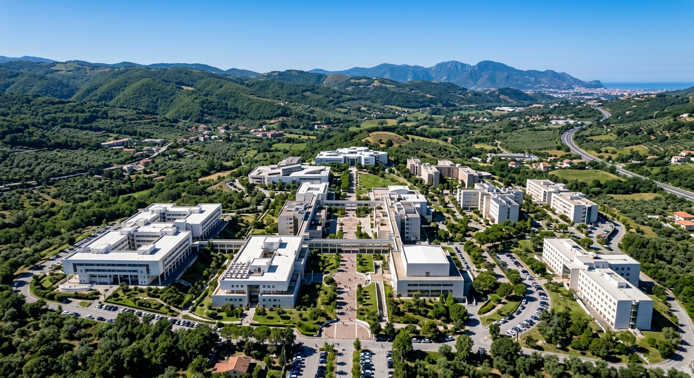 Aerial view of University of Salerno Fisciano campus, modern white university buildings spread across green hills of the Irno valley, southern Italy, clear blue sky, Mediterranean landscape