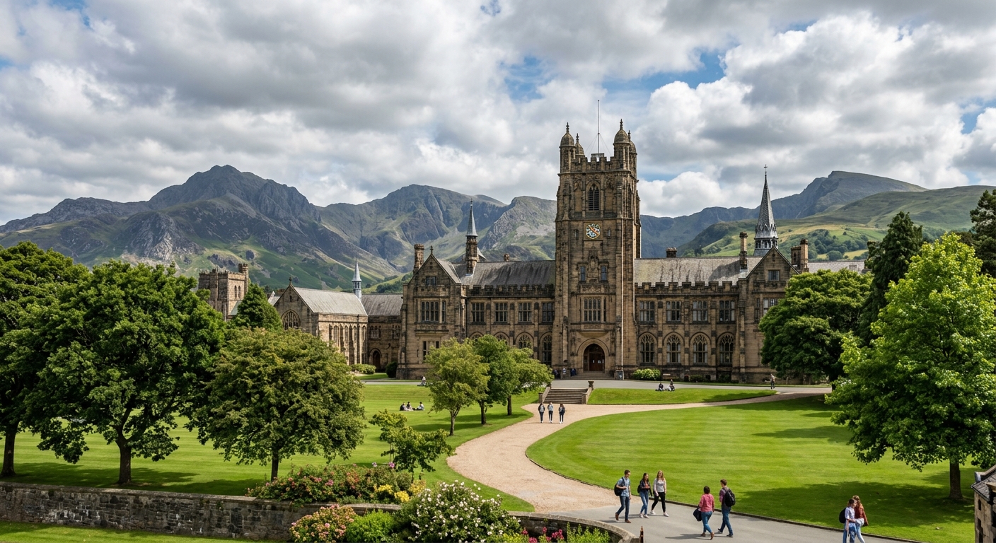 Historic Bangor University campus with Victorian architecture, green lawns, and the mountains of Snowdonia visible in the background under a partly cloudy Welsh sky
