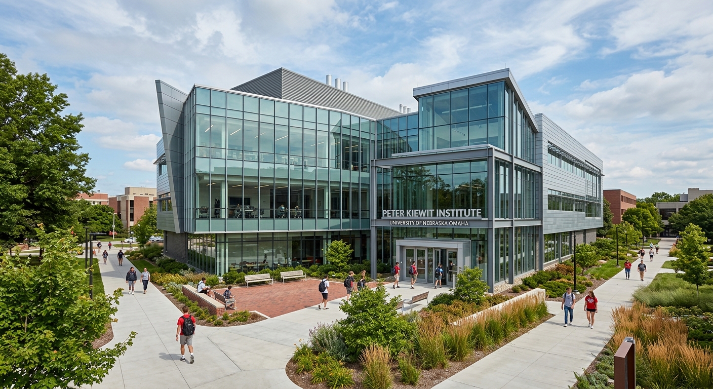 Peter Kiewit Institute modern glass and steel building at UNO Scott Campus, technology and engineering hub, contemporary architecture with landscaped walkways