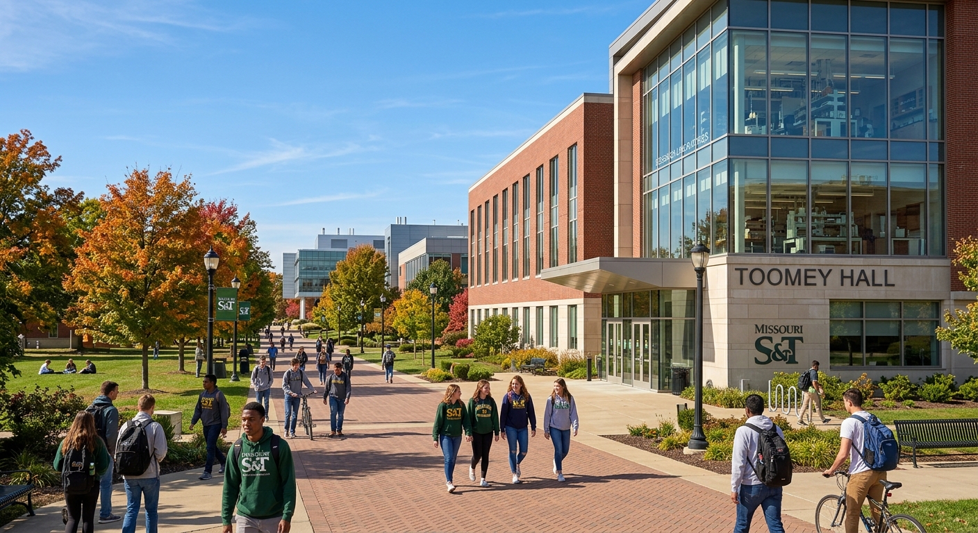 Missouri University of Science and Technology campus in Rolla, Missouri, featuring Toomey Hall engineering building, students walking on tree-lined pathways, modern research laboratories visible in background, clear blue sky