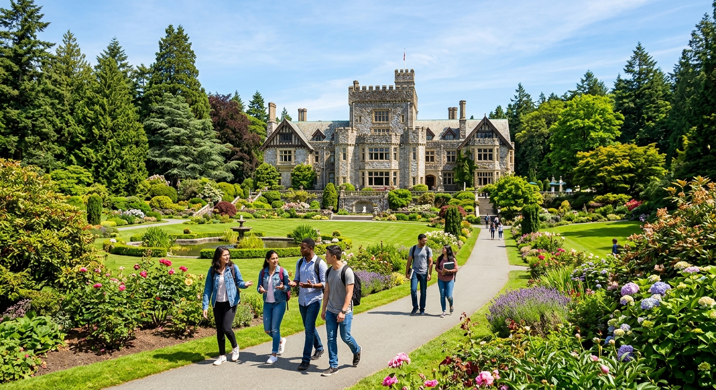 Hatley Castle at Royal Roads University campus in Colwood, British Columbia, surrounded by lush green gardens and tall trees, with students walking along pathways under a clear sky