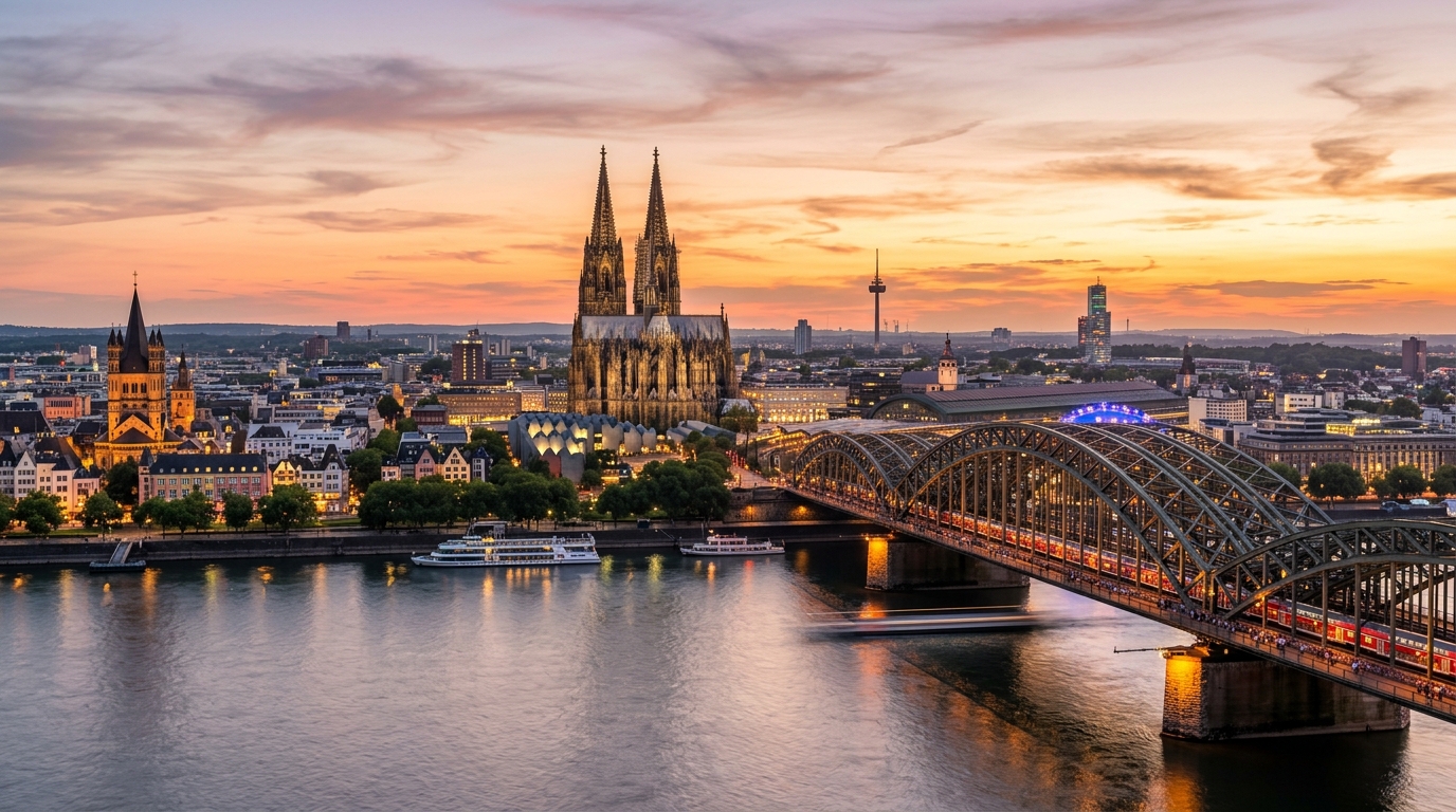 Cologne city skyline panorama at sunset, Cologne Cathedral twin spires dominating the view, Hohenzollern Bridge crossing the Rhine River, colorful old town buildings reflected in the water, warm golden light