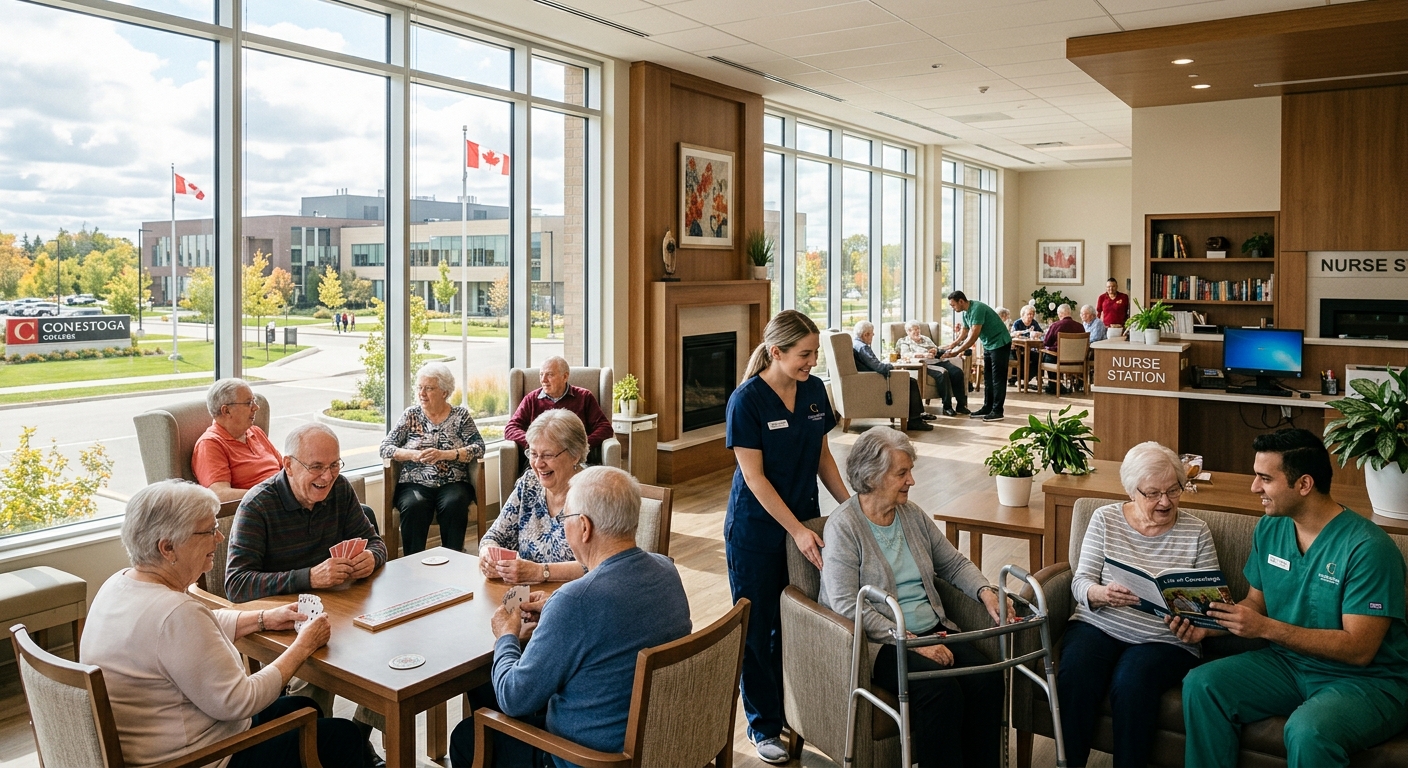 Modern long-term care facility common area with elderly residents and professional staff, bright natural lighting, comfortable seating, Conestoga College campus visible through windows, Canadian healthcare setting