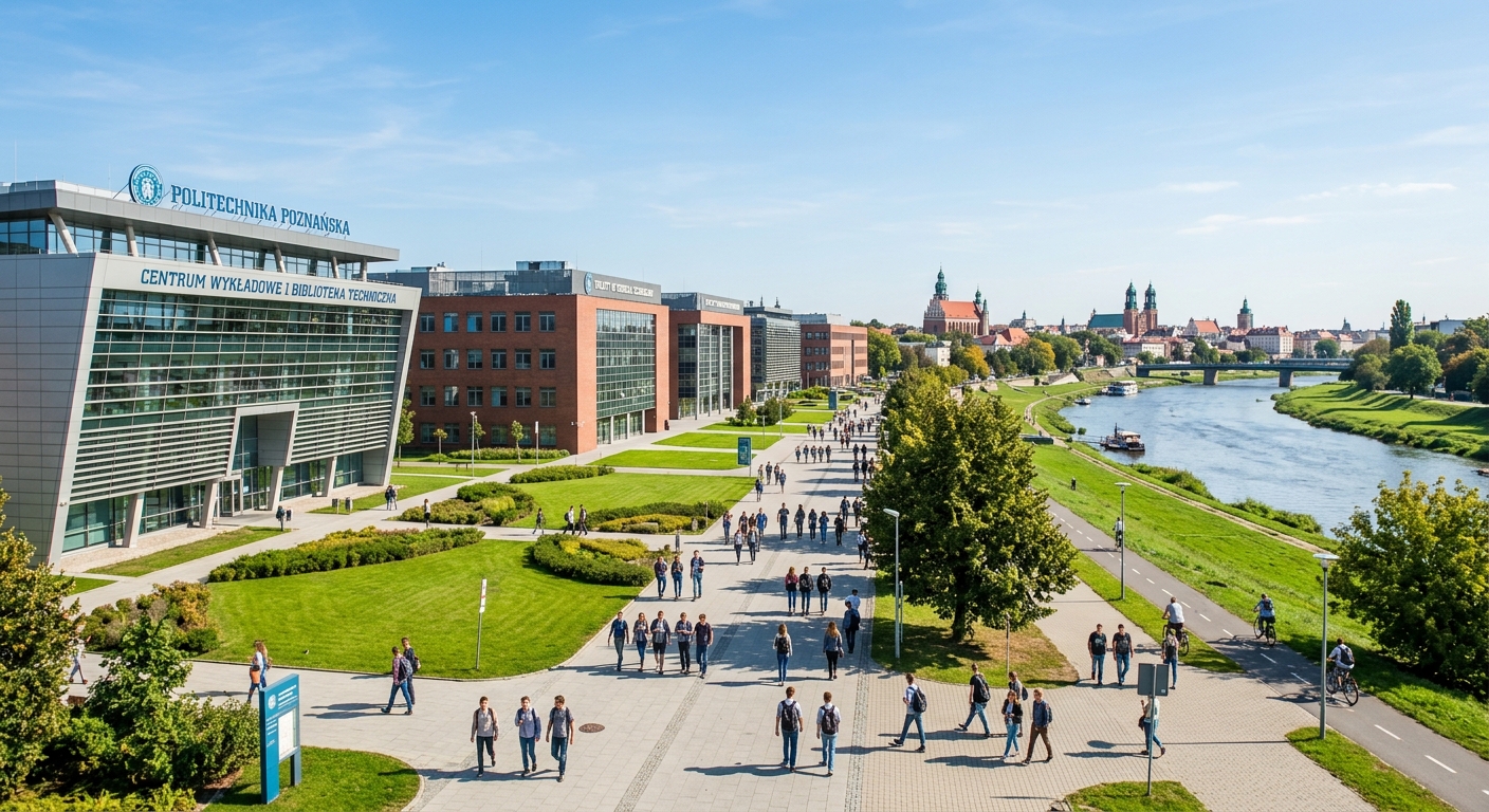 Poznan University of Technology main campus wide shot, modern academic buildings along Piotrowo Street, green lawns, Warta River in background, clear sky, students walking on pathways