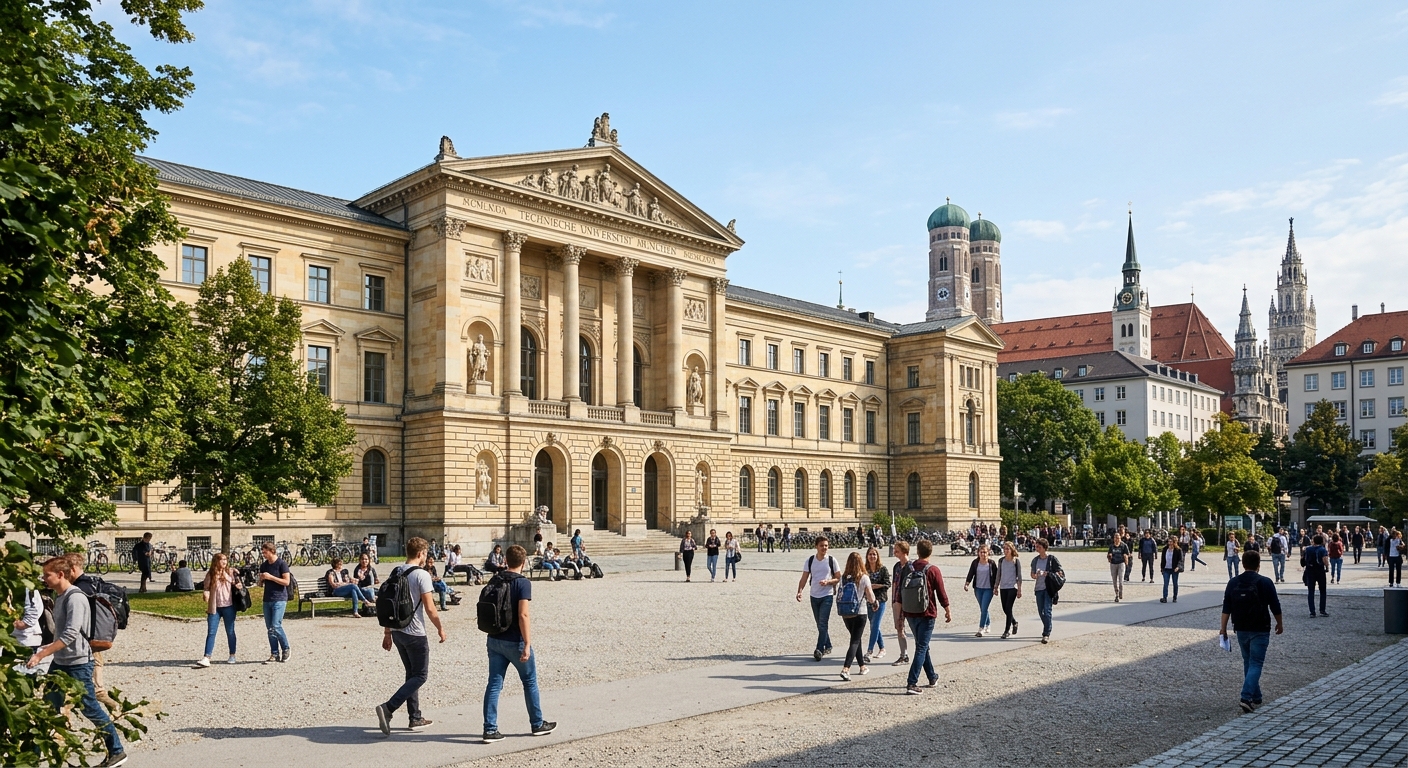 Technical University of Munich main campus building with neoclassical architecture, students walking in the courtyard, Munich cityscape in background, sunny day with blue sky
