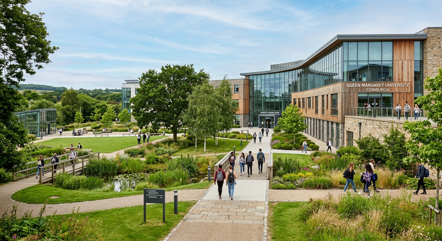 Queen Margaret University campus exterior, modern academic buildings with glass and timber facades, landscaped gardens, walkways and green spaces