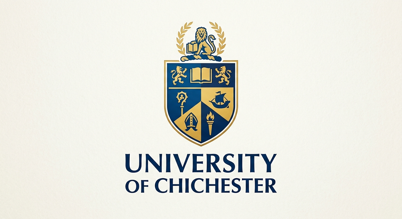 University of Chichester official logo, shield emblem with blue and gold colors, university name text beneath