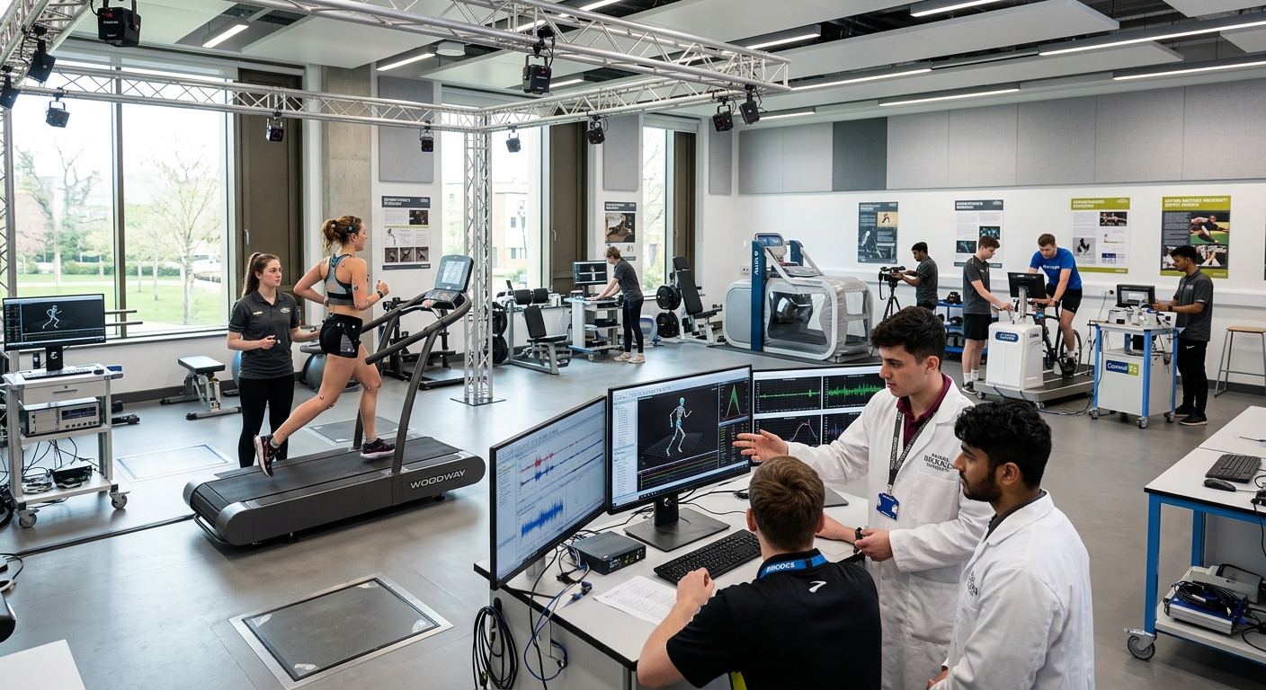 Oxford Brookes University Headington Campus sports science laboratory with students analyzing biomechanics data, modern exercise testing equipment, and motion capture technology in a bright, well-equipped facility