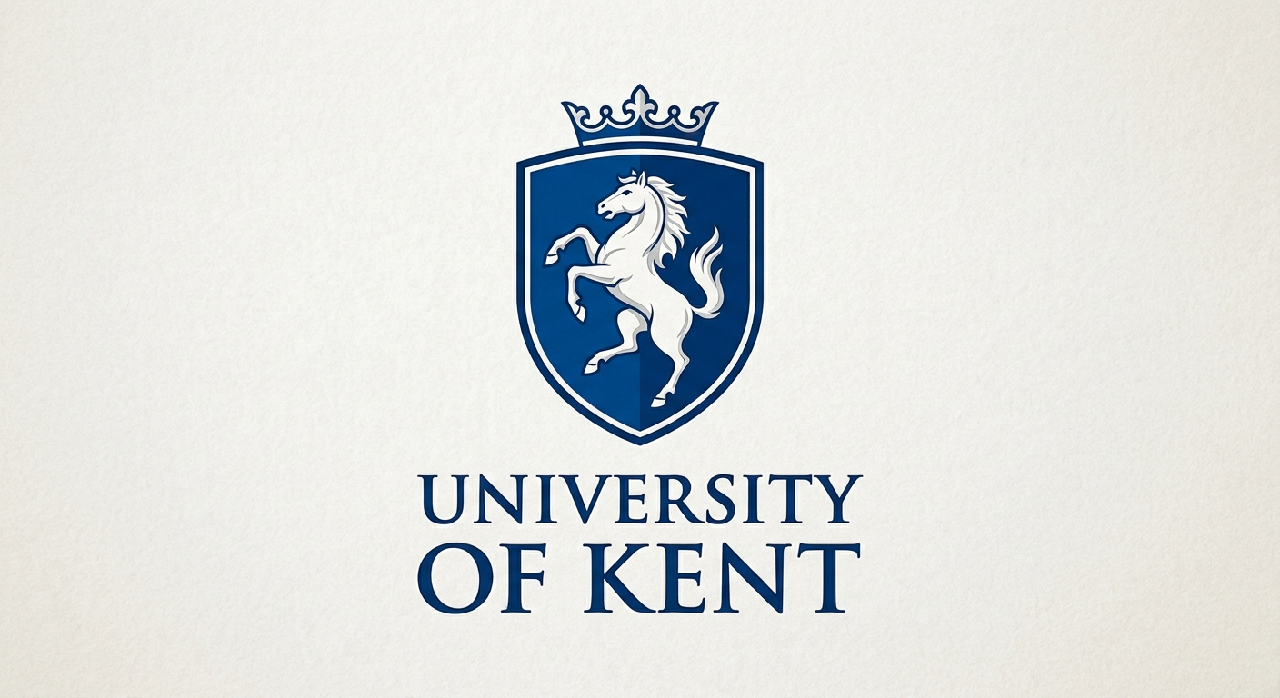 University of Kent official logo, blue shield crest with a white horse rampant, university name in serif font