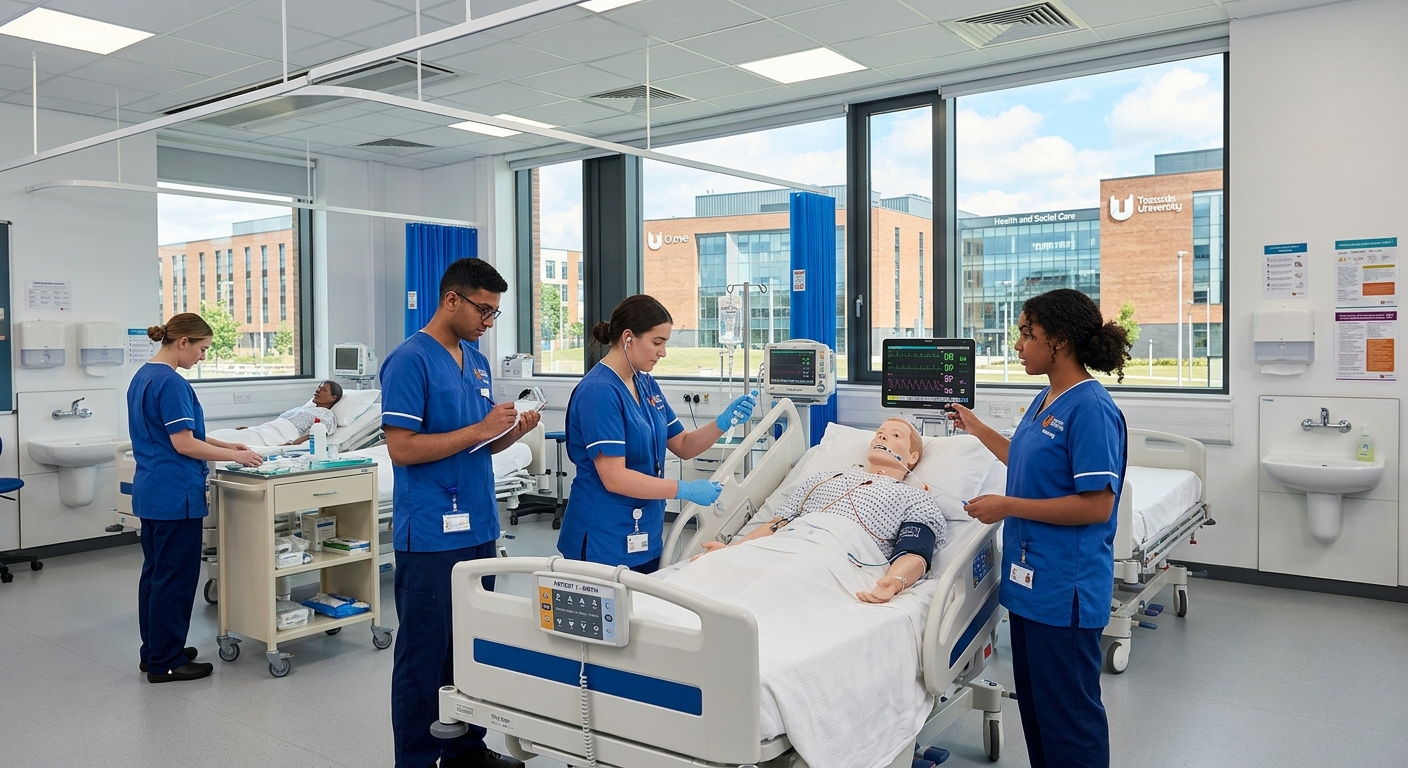 Modern Teesside University campus in Middlesbrough, North East England, featuring contemporary healthcare simulation facilities, nursing students in clinical uniforms practicing in a ward lab with simulated mannequins, bright and professional learning environment