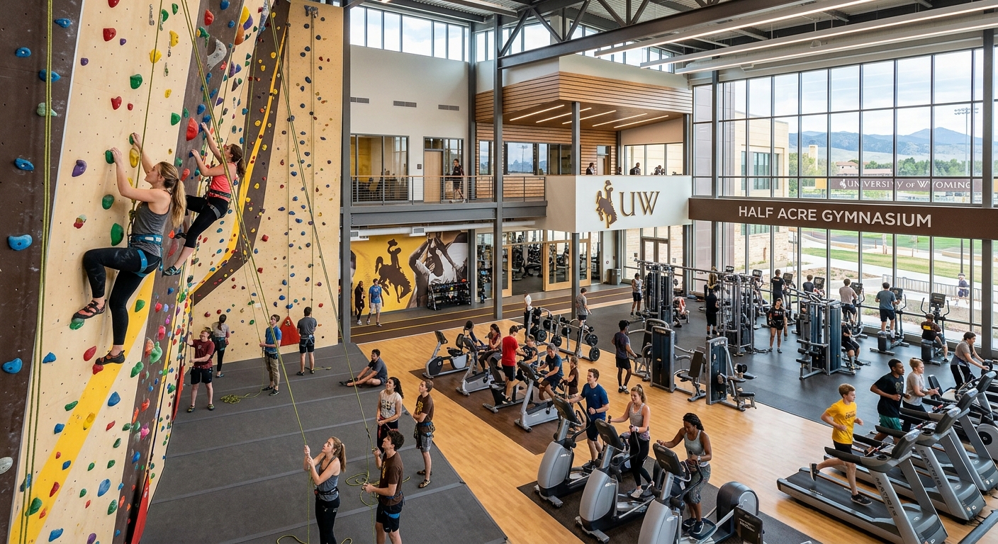 University of Wyoming Half Acre Gymnasium and recreation center, students using climbing wall and fitness equipment, modern interior