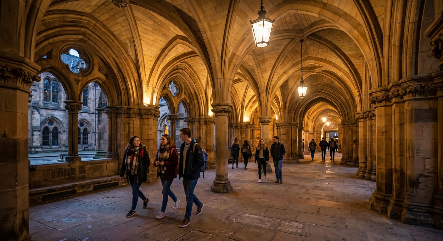 University of Glasgow cloisters and archways in the main building, stone corridors with Gothic arches, warm lighting, students walking through