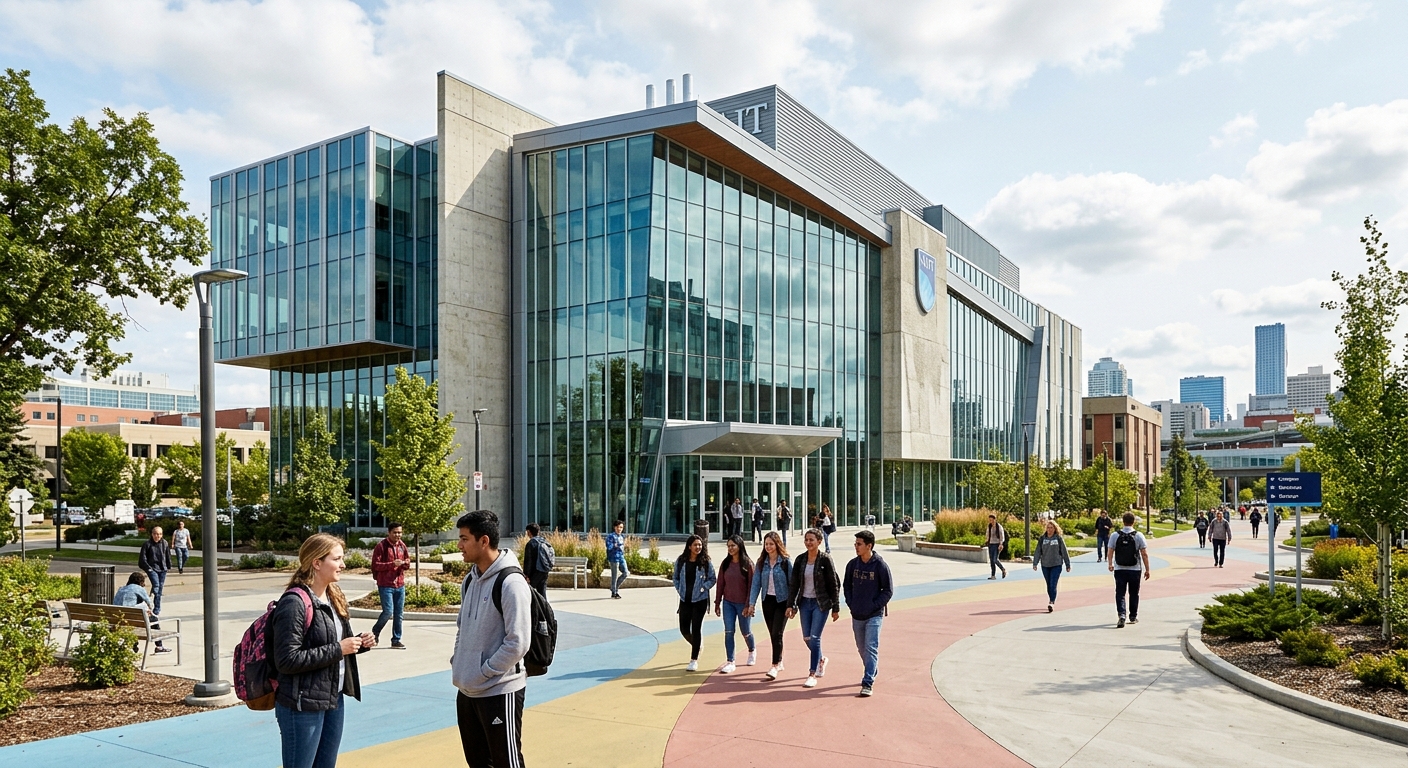 NAIT Main Campus Centre for Applied Technologies building, modern glass and concrete architecture, students walking on pathways, Edmonton urban setting