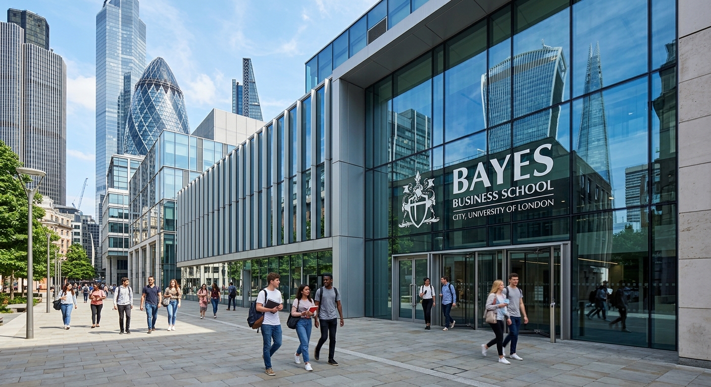 Modern Bayes Business School building exterior near the City of London financial district, glass facade reflecting surrounding skyscrapers, students walking through the entrance plaza on a bright day
