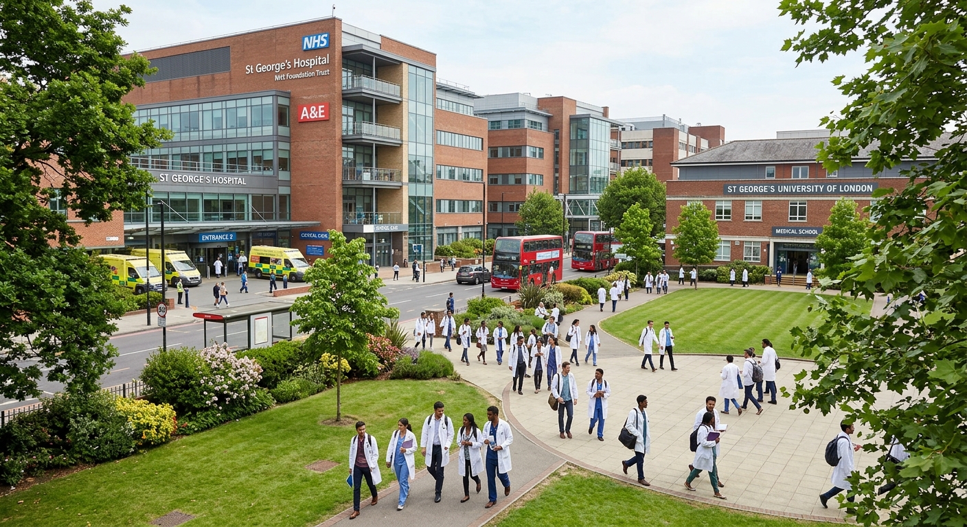 St George's Hospital and university campus in Tooting south London, clinical buildings, medical students in white coats, NHS hospital adjacent, green surroundings