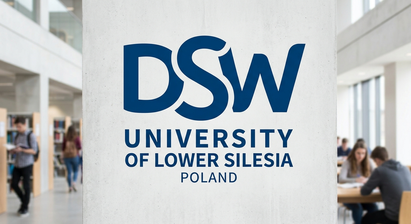 DSW University of Lower Silesia official logo, stylized DSW letters in dark blue with university name text below