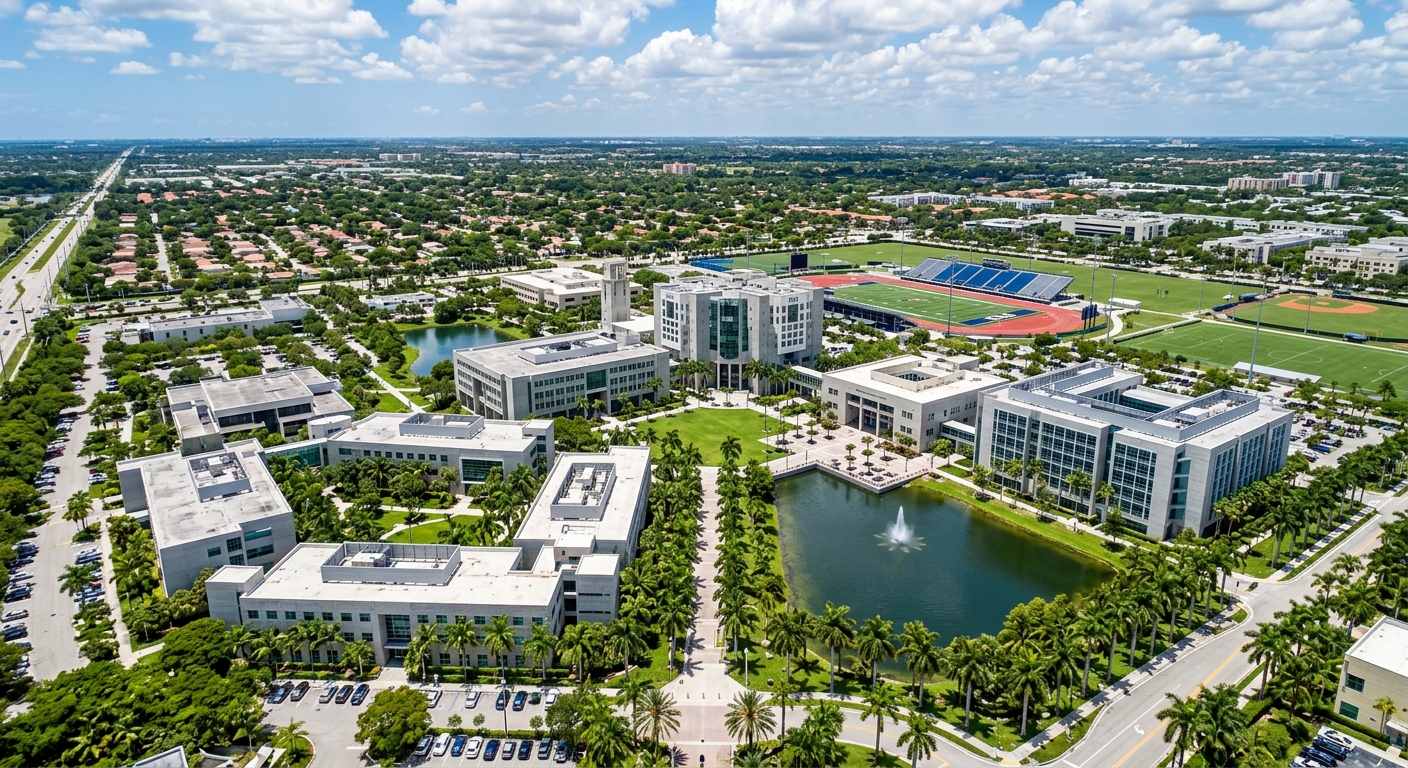 Florida International University Modesto A. Maidique Campus aerial view, modern university buildings surrounded by palm trees, South Florida sunshine, blue sky with scattered clouds, green tropical landscaping